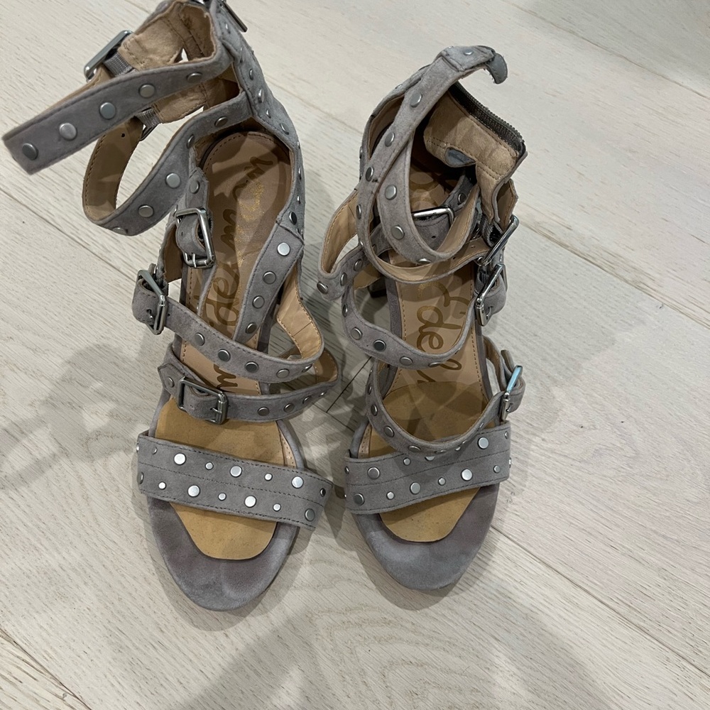 Sam Edelman. Grey suede studded block heel sandal. Size 9. Great condition.